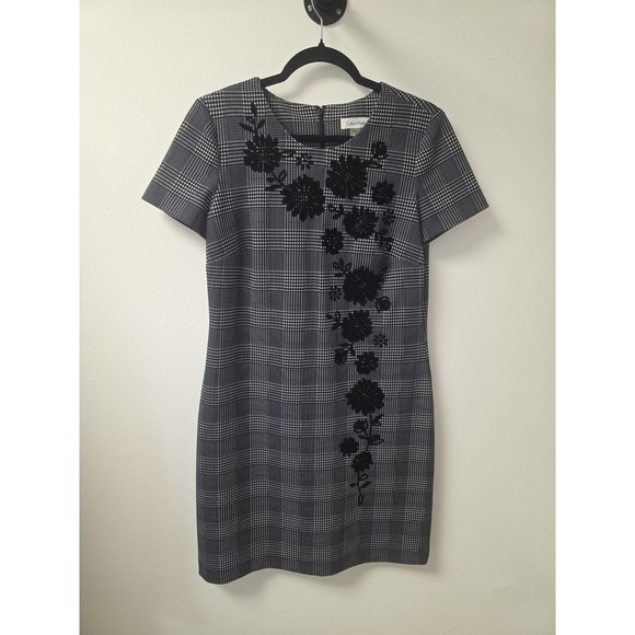 Calvin Klein Dresses & Skirts - Calvin Klein Women's Plaid Sheath Dress Black Gray Floral Appliqué Size 10